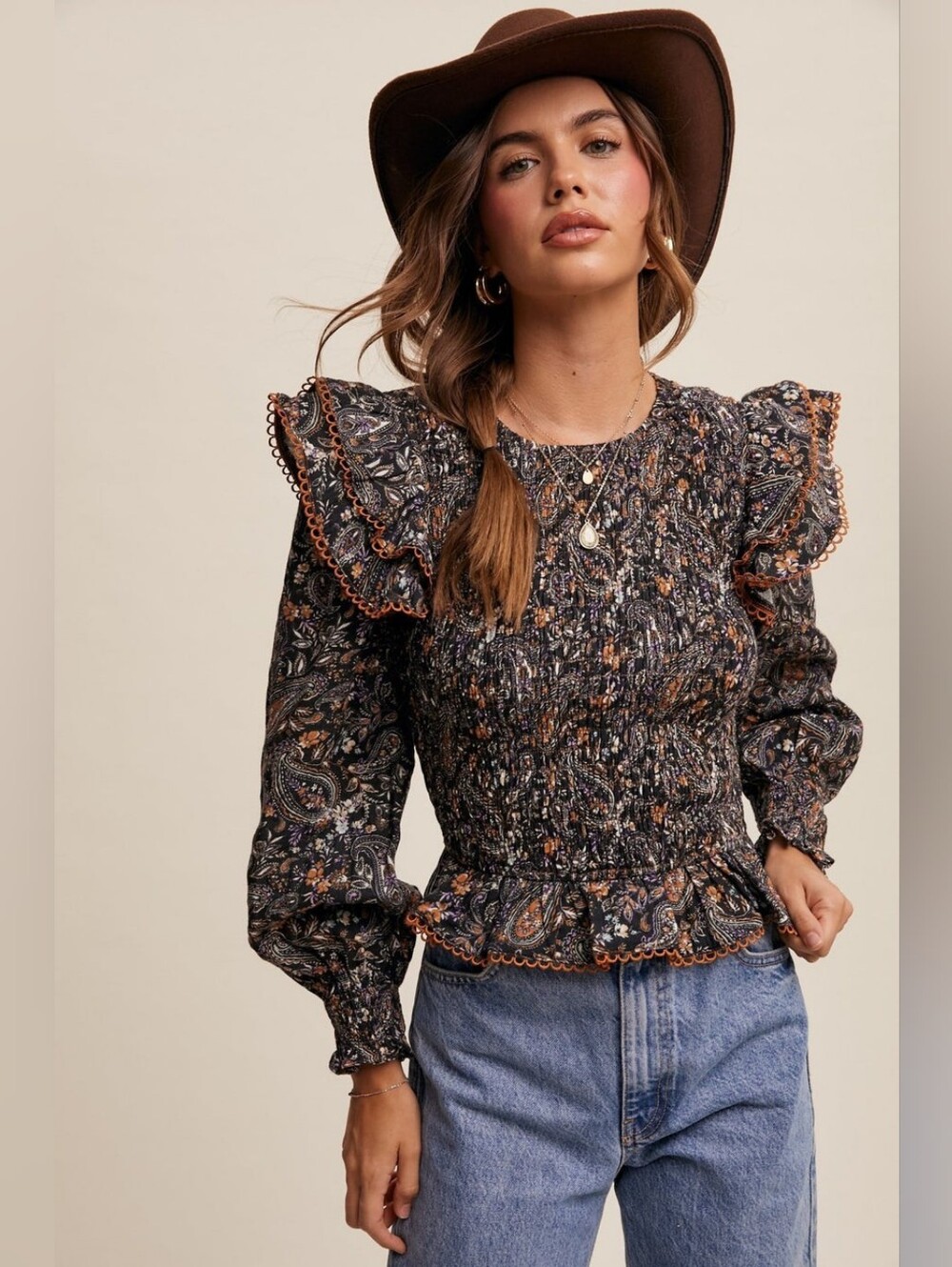 Three Bird Nest Black Paisley Smocked Ruffle Blouse with Orange Trim